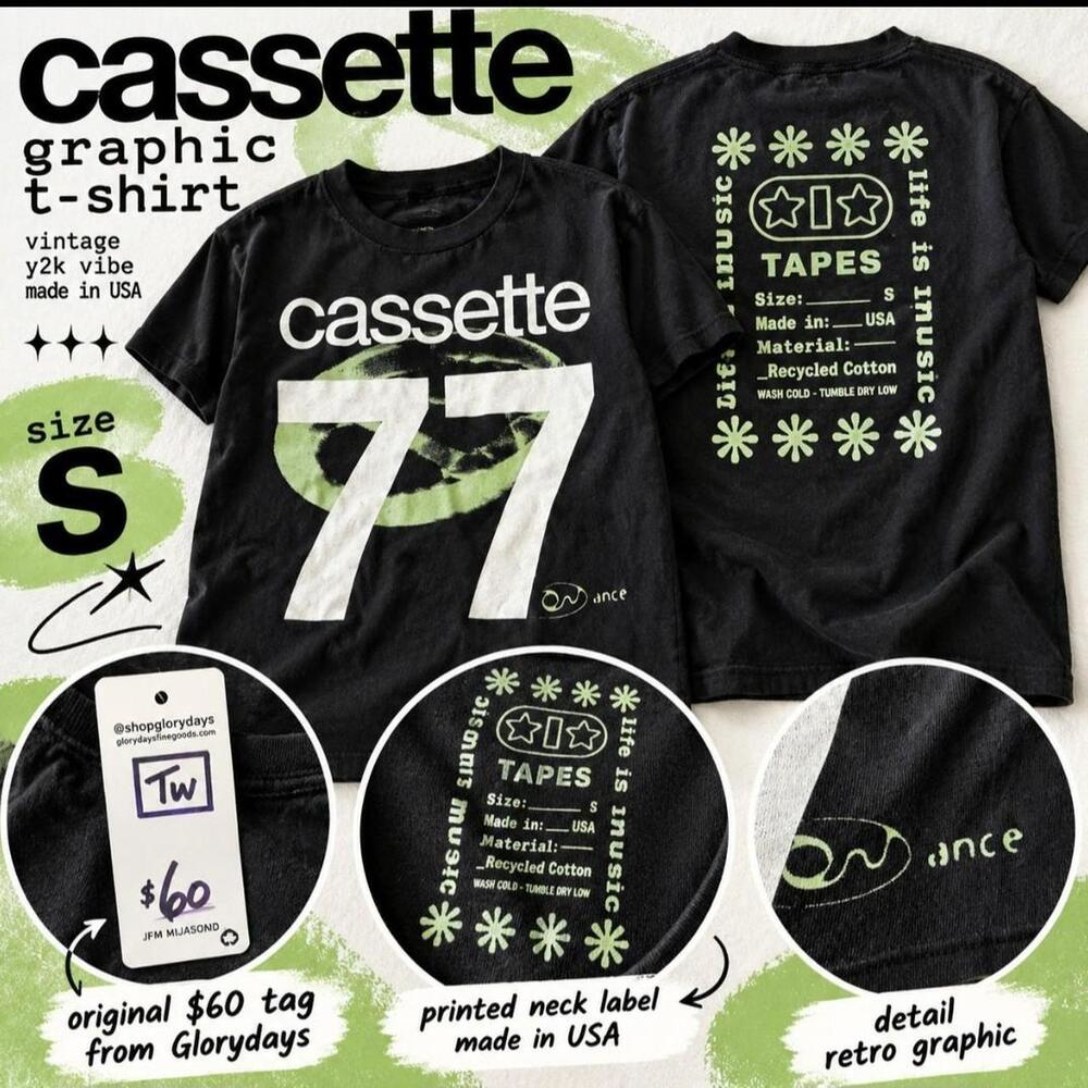Retro Tapes Cassette 77 Graphic Tee Made in USA Recycled Cotton Y2K

— Size S
